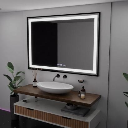 Oglindă LED baie 100x70 cm Verite Majeste Noir, dimabilă, dezaburire, ceas