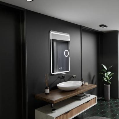 Oglindă LED baie 50x70 cm Marcello, dimabilă, cu dezaburire, ceas și lupă