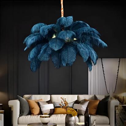 Lustră Thalis cu pene decorative, LED E27, diametru 30 cm, verde închis