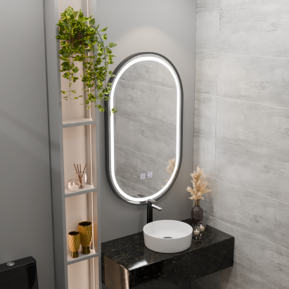 Oglindă LED ovală 50x100 cm VETRO, touch, dezaburire, dimabilă, ramă neagră