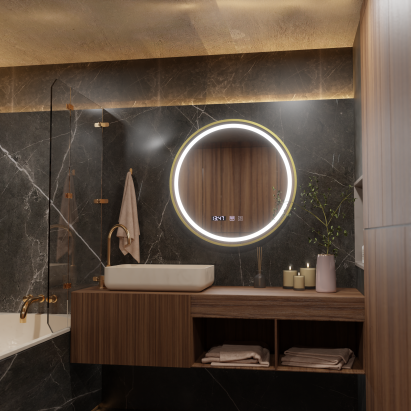 Oglindă LED touch LUSSO cu dezaburire, ceas și temperatură, 50 cm, auriu brushed