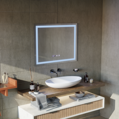 Oglindă LED baie Modena 80x60 cm cu touch, dezaburire, ceas și temperatură