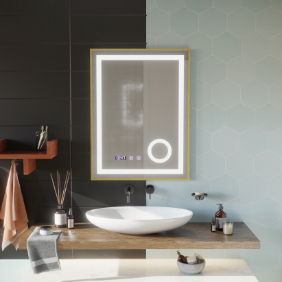 Oglindă baie LED touch 60x80 cm, dezaburire, ceas, temperatură, ramă auriu brushed