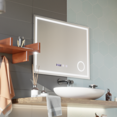 Oglinda LED Touch NIVERA Sistem Dezaburire, Ceas si Temperatura 80x60 cm Lupa Cosmetica