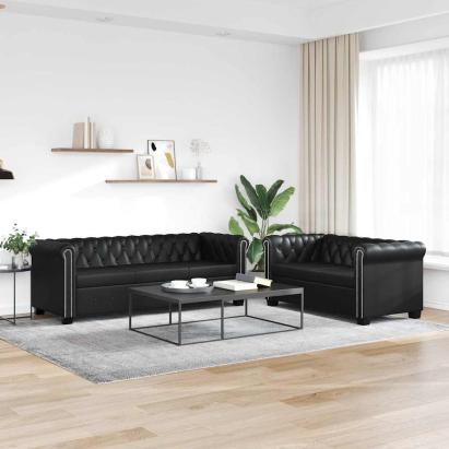 Canapea Chesterfield cu 2 și 3 locuri, piele artificială, negru  GartenMobel Dekor