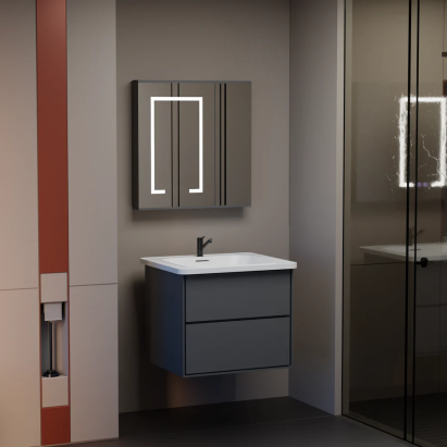 Set mobilier baie SANTORINI 60 cm, 2 piese, gri-alb, cu oglindă LED