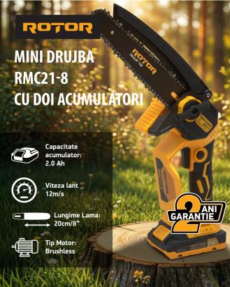 Fierastrau cu lant si acumulator ROTOR RMC21-8, 21V / 2Ah, Brushless , Ungere lanț ,