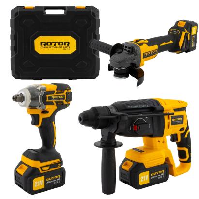 Trusă de scule 3 în 1 ROTOR RSET3 cu 2 acumulatori 21V/3Ah, rotopercutor, polizor, autofiletantă