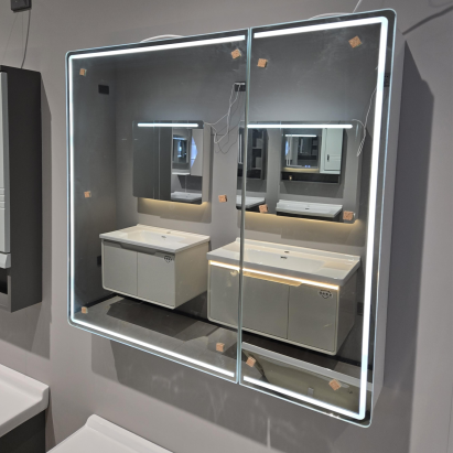 Dulap de baie LENTO cu oglindă LED 80x70 cm, gri, iluminare perimetrală și touch