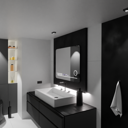 Oglindă LED baie 80x60 Harmonie MotionGlow Marcello, cu dezaburire, ceas și lupă