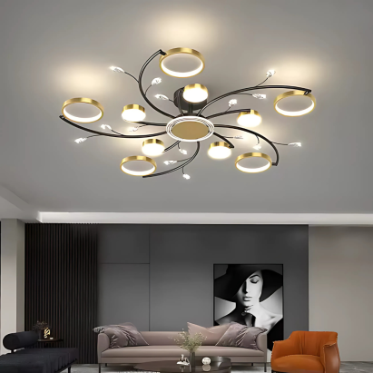 Lustră LED Karina 68W, 10 elemente, dimabilă, cu telecomandă, auriu-negru