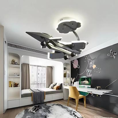 Lustră LED pentru copii tip avion FIGHTER 100W, 3 culori lumină, gri aeronautic