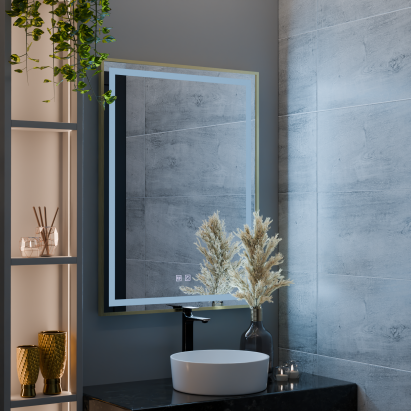 Oglindă LED baie RAYNA Touch 60x80 cm cu dezaburire și ramă auriu brushed