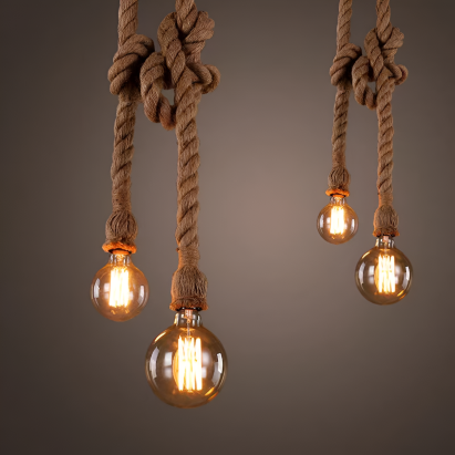 Lustră pendul vintage CORDA cu sfoară și metal negru, 2xE27, 2x100 cm