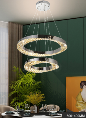 Candelabru LED cu cristal CC31212, 2 inele 40+60 cm, dimabil, argintiu