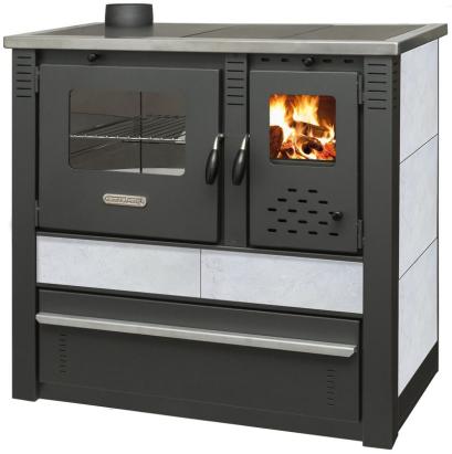 Soba-cuptor pe lemne Panonia albă, cu plită și cuptor, evacuare stânga