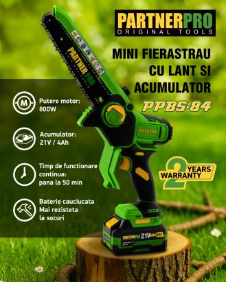 Mini fierastrau cu lant PartnerPro PPBS-84 brushless, 21V 4Ah, lama 20 cm