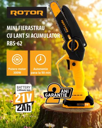 Mini drujbă cu lanț Rotor RBS-62, lamă 6", acumulator 21V 2Ah, încărcător