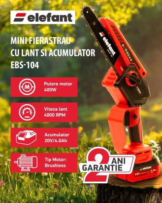 Mini fierăstrău cu lanț Elefant EBS-104, 20V/4Ah, brushless, 2 lame și cutie