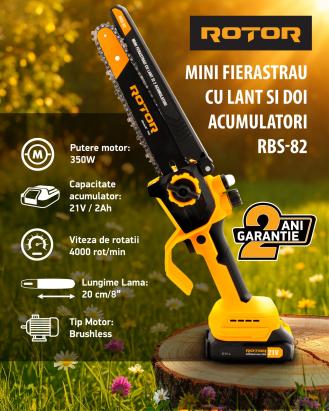 Mini drujbă 8” pe acumulator cu 2 baterii 21V/2Ah și încărcător Rotor RBS-82