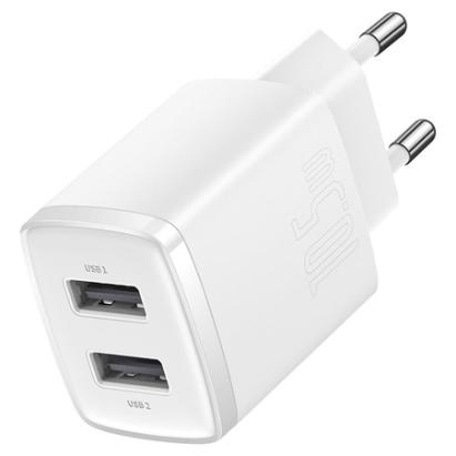 Încărcător rețea Baseus Compact 10,5W cu 2 porturi USB-A, alb