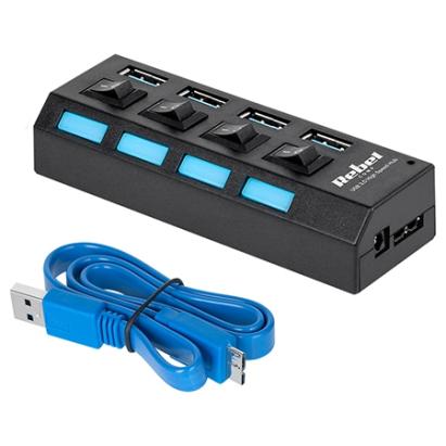 Hub USB 3.0 Rebel cu 4 porturi si comutatoare individuale, negru