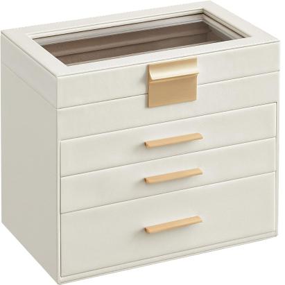 SONGMICS Cutie de bijuterii cu 4 nivele, 3 sertare, capac din sticla, 22x25x15cm, alb si auriu Household NewTrend