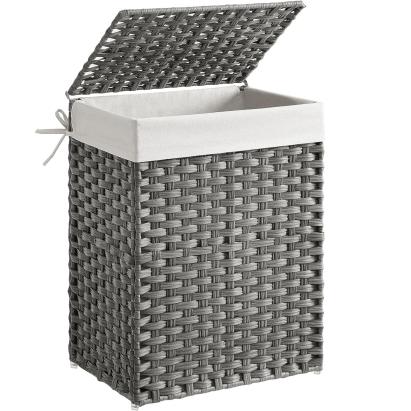 SONGMICS Cos de rufe din ratan sintetic cu capac, sac detasabil, volum 90L, 46x33x60cm, gri Household NewTrend