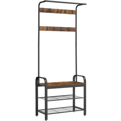 VASAGLE Cuier pentru haine, cu banc depozitare pantofi, 9 carlige detasabile, sina pentru haine, 34x77x183cm, industrial, maro rustic si negru Household NewTrend