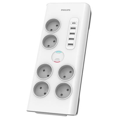 Prelungitor Philips cu protecție la supratensiune, 6 prize, 5 USB, cablu 2 m