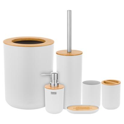 Set 6 accesorii pentru baie Teesa, alb, cu bambus și inox