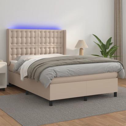 Pat cu arcuri, cu saltea și LED cappuccino 140x190 cm piele eco GartenMobel Dekor