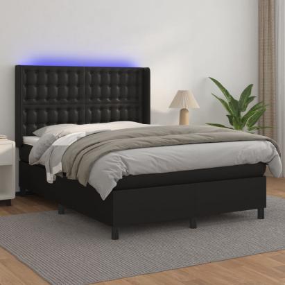 Pat cu arcuri, saltea și LED, negru, 140x200 cm, piele eco GartenMobel Dekor