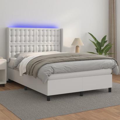 Pat cu arcuri, saltea și LED, alb, 140x200 cm, piele eco GartenMobel Dekor
