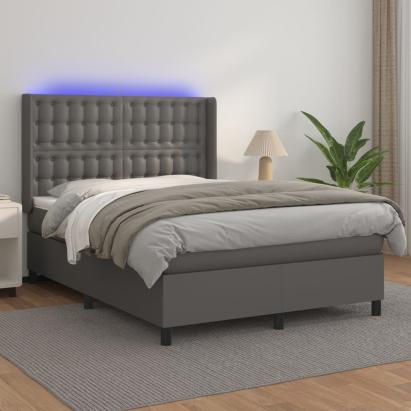 Pat cu arcuri, saltea și LED, gri, 140x200 cm, piele eco GartenMobel Dekor
