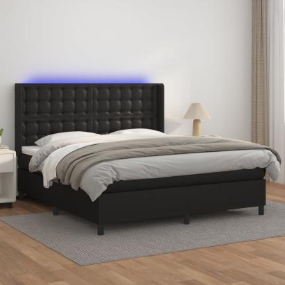 Pat cu arcuri, saltea și LED, negru, 160x200cm, piele ecologică GartenMobel Dekor