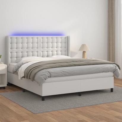 Pat cu arcuri, saltea și LED, alb, 160x200 cm, piele ecologică GartenMobel Dekor