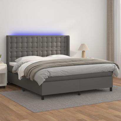 Pat cu arcuri, saltea și LED, gri, 160x200 cm, piele ecologică GartenMobel Dekor