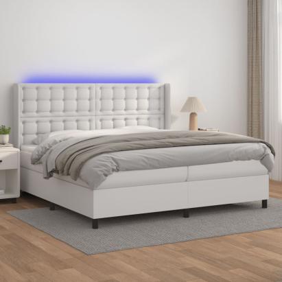 Pat cu arcuri, saltea și LED, alb, 200x200 cm, piele ecologică GartenMobel Dekor