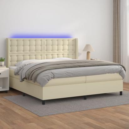 Pat cu arcuri, saltea și LED, crem, 200x200 cm, piele ecologică GartenMobel Dekor