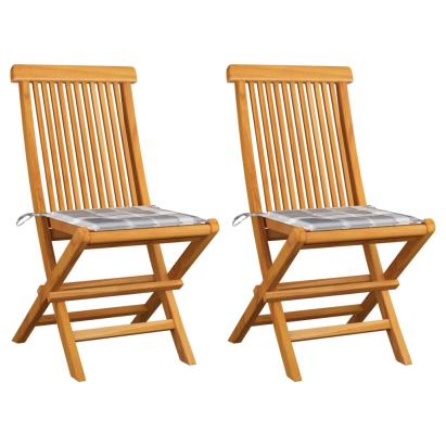 Scaune grădină, perne gri model carouri, 2 buc, lemn masiv tec GartenMobel Dekor