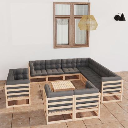 Set mobilier de grădină cu perne, 12 piese, lemn masiv de pin GartenMobel Dekor