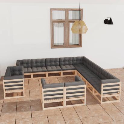 Set mobilier de grădină cu perne, 13 piese, lemn masiv de pin GartenMobel Dekor
