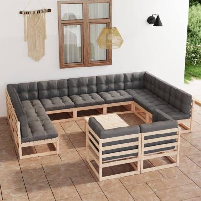 Set mobilier grădină cu perne, 12 piese, lemn masiv de pin GartenMobel Dekor