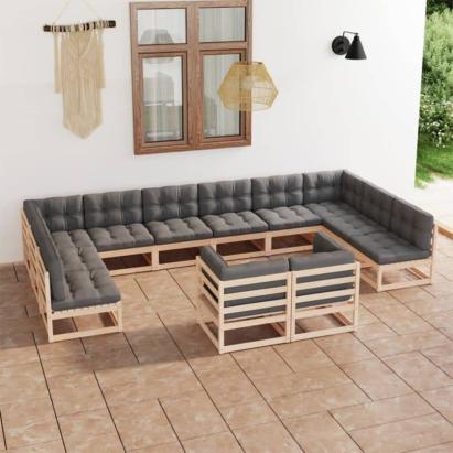 Set mobilier grădină cu perne, 12 piese, lemn masiv de pin GartenMobel Dekor