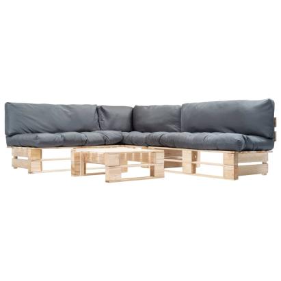 Set mobilier de grădină paleți cu perne gri, 4 piese, lemn GartenMobel Dekor