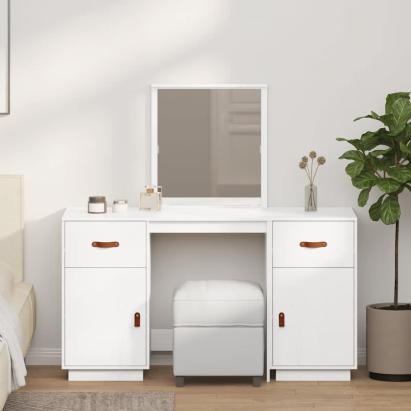 Set de masă de toaletă cu oglindă, alb, lemn masiv de pin GartenMobel Dekor