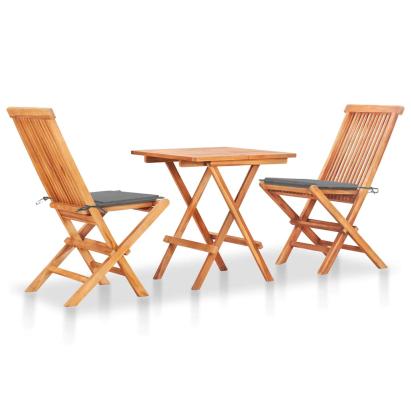 Set mobilier de bistro cu perne gri, 3 piese, lemn masiv de tec GartenMobel Dekor