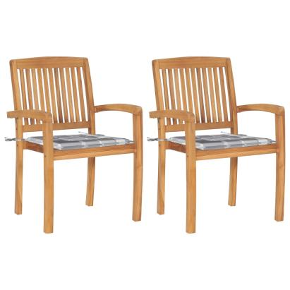 Scaune grădină, perne gri model carouri, 2 buc., lemn masiv tec GartenMobel Dekor