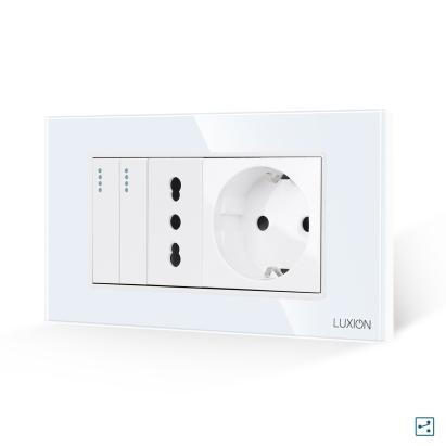 Intrerupator Dublu Cap Scara + Priza Ingusta + Priza Schuko cu Rama din Sticla LUXION, Standard Italian, 4M SmartElectro IntelligentHouse